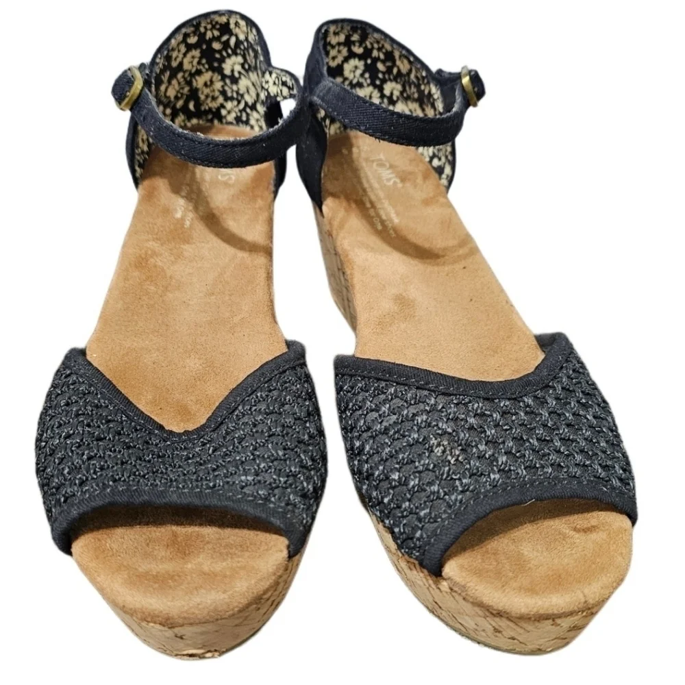 Toms Black Buckle Open Toe Cork Wedges